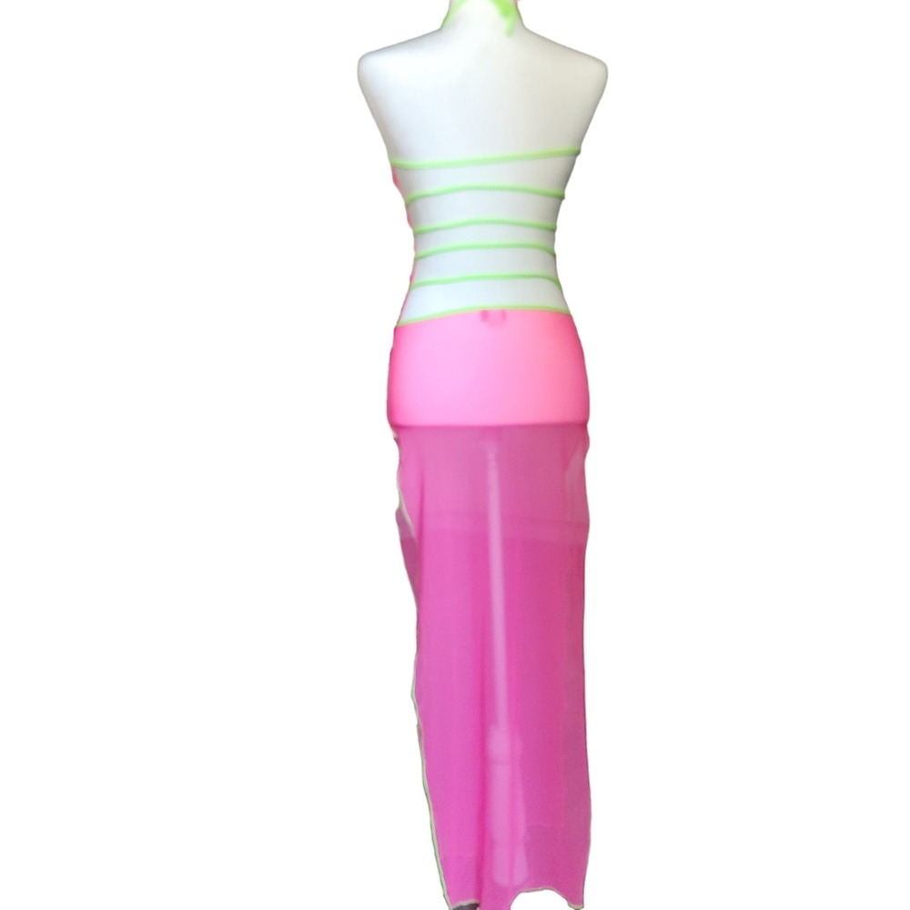 Delicate Illusions Costume Chiffon Neon Pink Green Thigh Slit Dress Size M